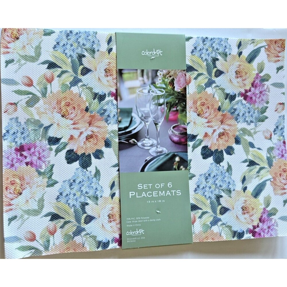 Colordrift Spring Summer Floral Placemats PVC Vinyl Set of 6 Wipe Clean 13x18"